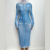 Sheer mesh see through turtle neck long sleeve contrast print midi dress | samba dress