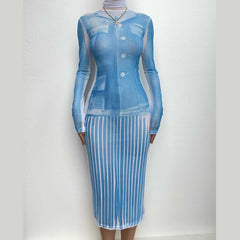 Sheer mesh see through turtle neck long sleeve contrast print midi dress | samba dress