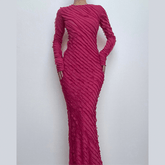 Textured long sleeve crewneck ruffle solid maxi dress | red tango dress