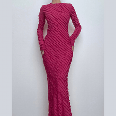 Textured long sleeve crewneck ruffle solid maxi dress | red tango dress