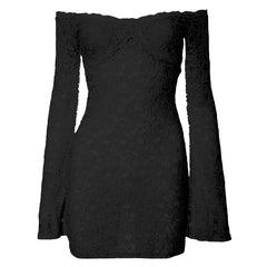 Long flared sleeve off shoulder lace see through mini dress | red tango dress