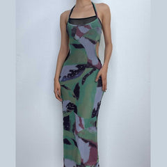 Halter self tie contrast print sheer mesh backless hollow out maxi dress | samba dress
