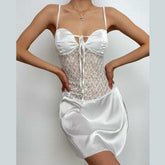 Lace patchwork self tie solid ruched backless cami mini dress