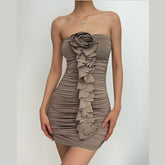 Solid ruched ruffle flower applique backless tube mini dress | red tango dress