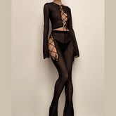 Long flared sleeve lace up sheer mesh pant set