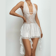 Halter v neck backless lace self tie hollow out mini dress