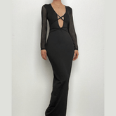 Mesh patchwork solid low cut long sleeve cross front maxi dress | black rave dress | black rave dress
