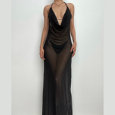 Ruched sheer mesh solid halter self tie backless 3 piece maxi dress | samba dress