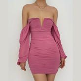 Mesh solid long sleeve ruched notch neck zip-up mini dress | red tango dress