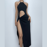 Hollow out solid halter backless slit ruched midi dress