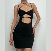 Hollow out cross back backless cami cut out mini dress | black rave dress