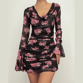 Long flared sleeve cowl neck ruffle flower print sheer mesh mini dress | samba dress