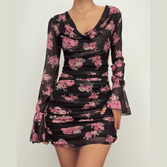 Long flared sleeve cowl neck ruffle flower print sheer mesh mini dress | samba dress