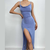 Cowl neck slit backless solid irregular cami midi dress | red tango dress