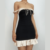 Sleeveless square neck ruffle patchwork contrast mini dress