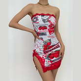 Slit abstract sleeveless contrast backless tube dress | red tango dress
