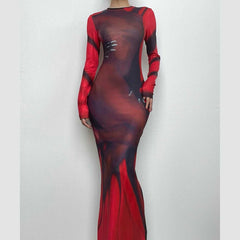 Abstract contrast long sleeve crewneck maxi dress | red tango dress