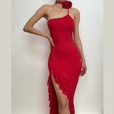 Solid one shoulder irregular ruffle flower applique maxi dress | red tango dress