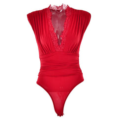 V neck lace hem ruched solid bodysuit