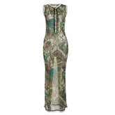 Sleeveless crewneck lace up print sheer mesh maxi dress | samba dress