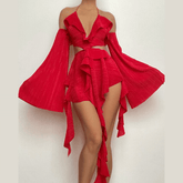 Textured gloves ruffle solid hollow out halter backless mini dress | red tango dress