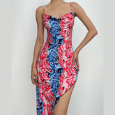 Irregular v neck backless contrast print cowl neck cami midi dress | red tango dress