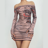 Stitch sheer mesh see through abstract off shoulder mini dress | samba dress