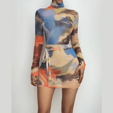 Self tie sheer mesh long sleeve high neck contrast print mini dress | samba dress