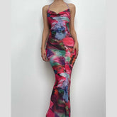 Ruched halter sheer mesh see through backless cowl neck contrast maxi dress | samba dress