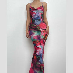 Ruched halter sheer mesh see through backless cowl neck contrast maxi dress | samba dress