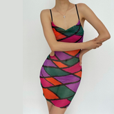Hollow out sheer mesh see through print contrast cami dress | samba dress