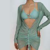 Solid cross back halter long sleeve ruched mini dress 3 piece swimwear | red tango dress