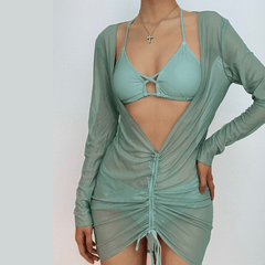 Solid cross back halter long sleeve ruched mini dress 3 piece swimwear | red tango dress