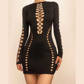 Hollow out long sleeve solid crewneck mini dress | red tango dress