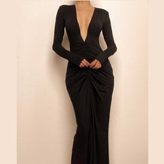 Ruched long sleeve v neck solid 2-way maxi dress | red tango dress