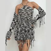 Long sleeve knitted tassels cross back contrast mini dress | black rave dress