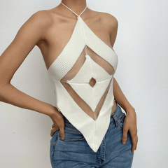 Knitted hollow out halter backless self tie cut out top
