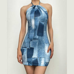 Self tie drawstring halter backless denim print contrast mini dress