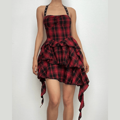 Zip-up halter contrast irregular plaid backless mini dress | red tango dress