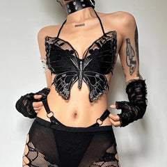 Butterfly pattern embroidery halter self tie backless crop top