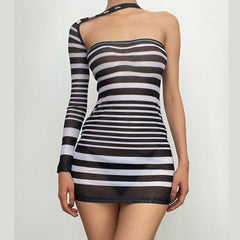 Irregular sheer mesh see through one shoulder striped mini dress | samba dress