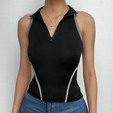 High neck contrast sleeveless zip-up hollow out backless cut out top