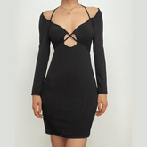 Cross front self tie halter solid long sleeve notch neck mini dress | black rave dress | black rave dress