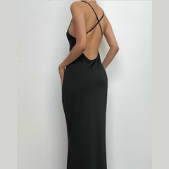 Cross back solid low cut backless cami midi dress | black rave dress | black rave dress