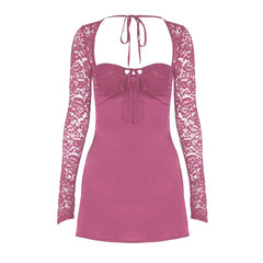Long sleeve lace knotted ruched solid mini dress | red tango dress