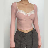 Ribbed lace hem long sleeve ruched contrast top