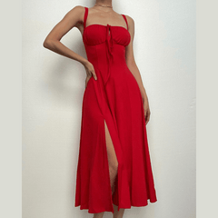 Ruched solid sweetheart neck slit sleeveless midi dress | red tango dress