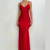 Low cut v neck ruched solid backless cami maxi dress | red tango dress
