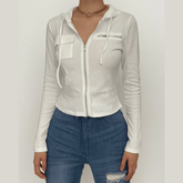 Ribbed solid zip-up hoodie long sleeve crop top