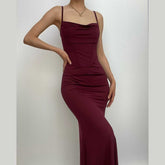 Solid cowl neck backless cami dress | red tango dress